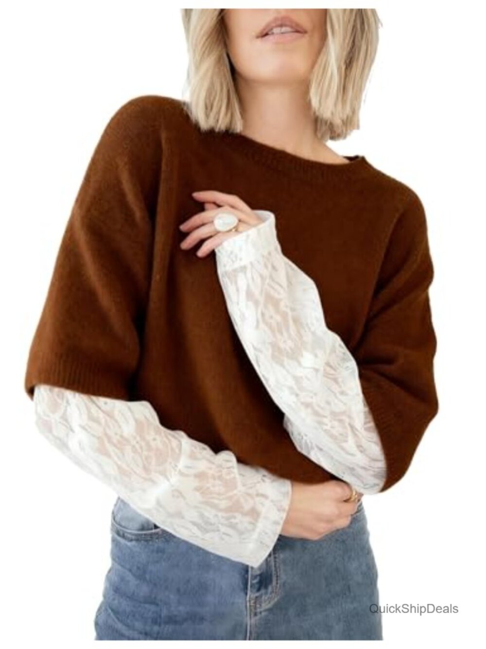 Womens Long Sleeve Lace Patchwork Sweater Crewneck Ribbed Knit Pullover